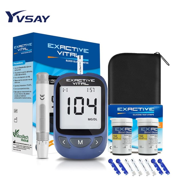 Hordozható vércukormérő Exactive Vital, komplett készlet 50 tesztcsíkkal, 50 lándzsával, hordtáska, kék kivitel, LCD kijelző