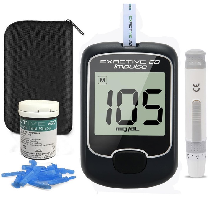 Glucometru Portabil, Exactive, Negru, Kit Complet cu 50 Benzi Testare si 50 Ace, Ecran Generos, Usor de Utilizat