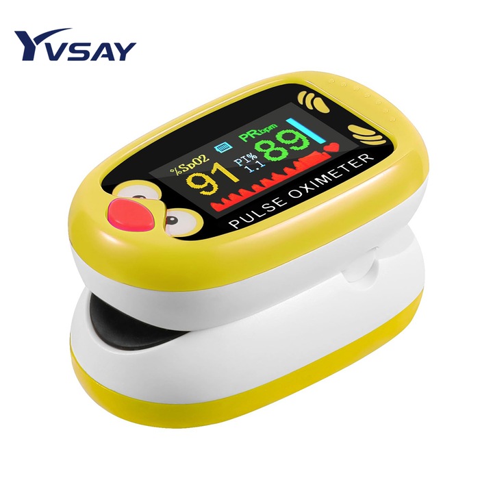 YVSAY® Oximetru USB, Detectare automata a intensitatii pulsului, Oximetru de puls pentru copii (2-12 ani) Oxigen pentru copii reincarcabil, Contor de oxigen din varful degetelor, Monitor digital portabil de saturatie a oxigenului, alb-galbena