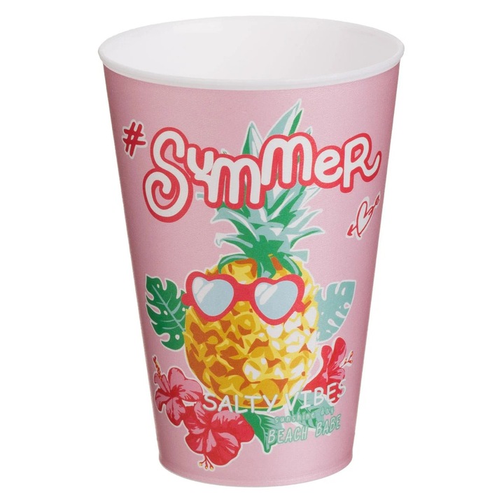 Pahar din Plastic Roz cu Model Ananas 400ml