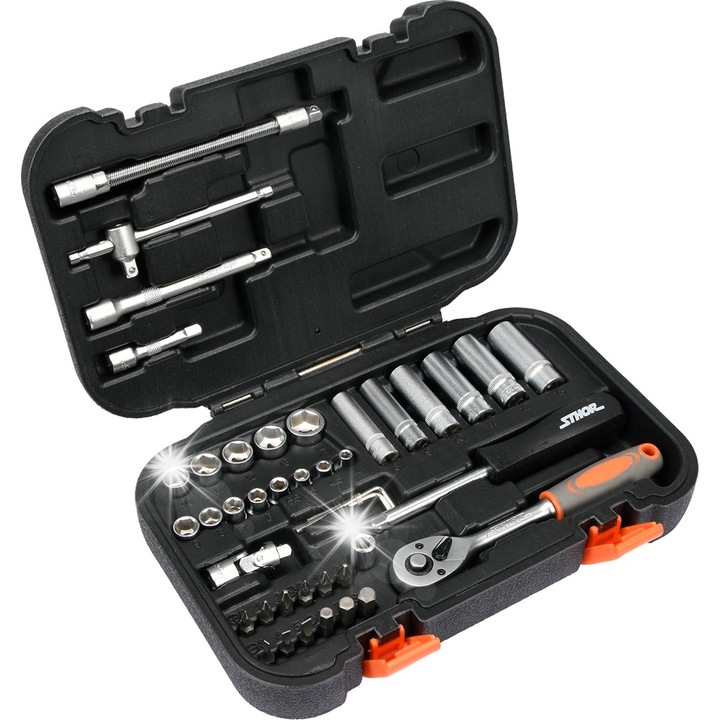 Комплект инструменти Sthor 1/4" 42 елемента, включително къси и дълги накрайници, пластмасова кутия