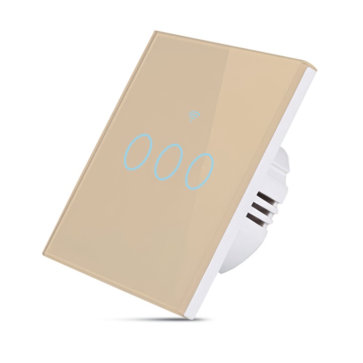 Intrerupator Zadabso® Smart WiFi cu Touch, 3 Canale, Sticla Securizata, Tuya/Smart Life, Compatibil Alexa & Google, RF 433MHz, Temporizare, Auriu