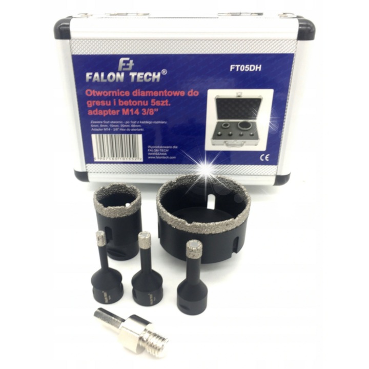 Falon-Tech gyémánt lyukfűrész készlet csempéhez, 6-68mm, M14 adapterrel, 5 darab