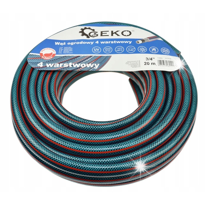 Градински маркуч 3/4" 20м, Geko, 4 слоя, комплект за поливане 4 части, аксесоари включени, транспортни колела, 720мм