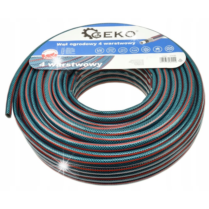 Маркуч за градина Geko 1/2" 50м, комплект с 4 части за поливане BLUE LINE, UV устойчив, 720мм