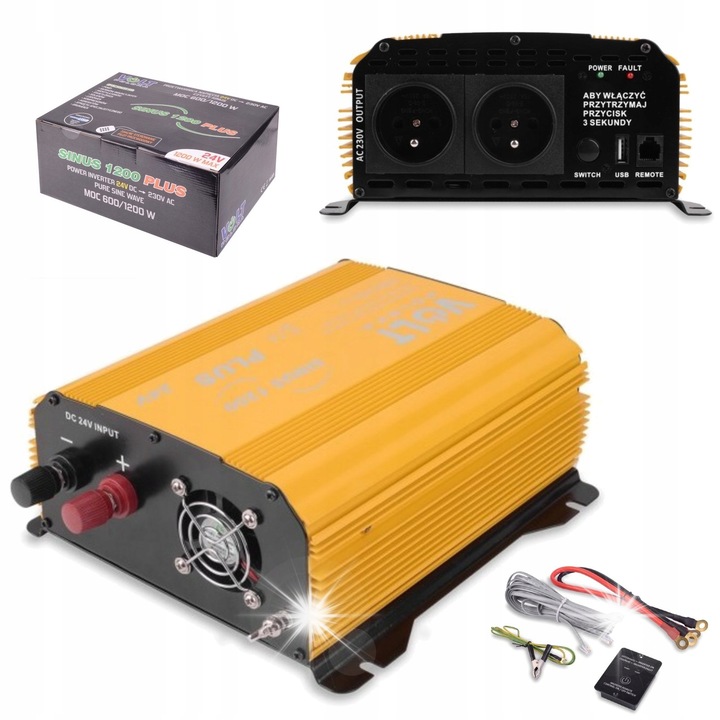 Инвертор за кола VOLT PRZETWORNICA SINUS PLUS 1200, 600W, жълт, 24V/230V, 250x201x94mm