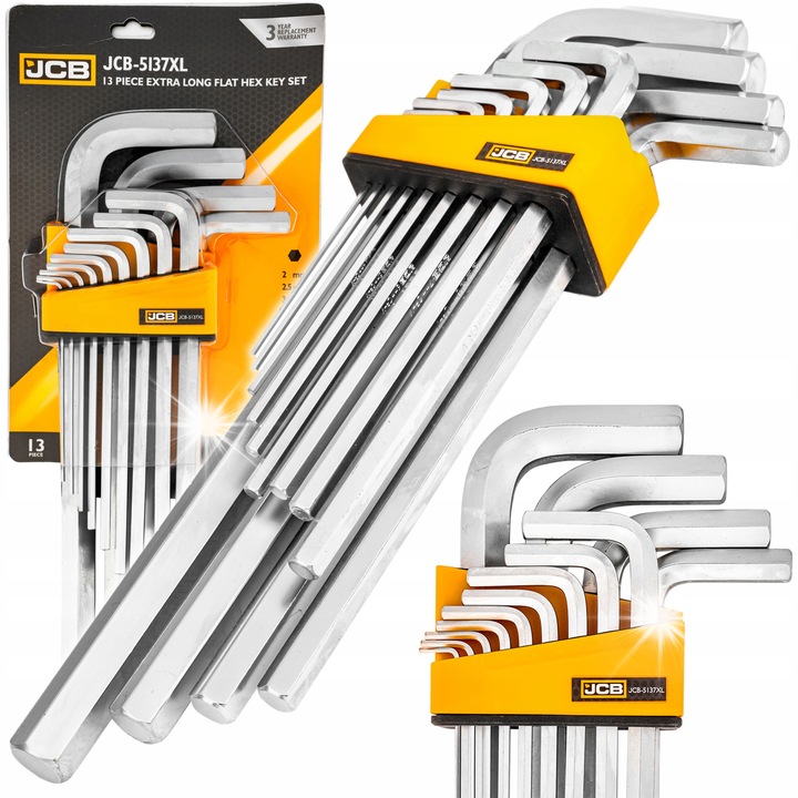 JCB imbuszkulcs készlet, 13 darab, 2-19mm, króm-vanádium acélból, hosszú