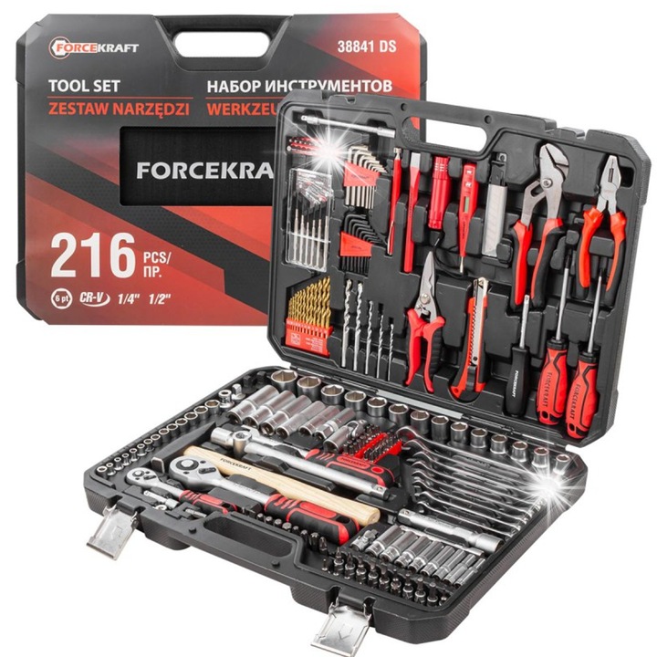 Комплект инструменти 216 части, Forcekraft, кутия за инструменти, различни размери, включени аксесоари