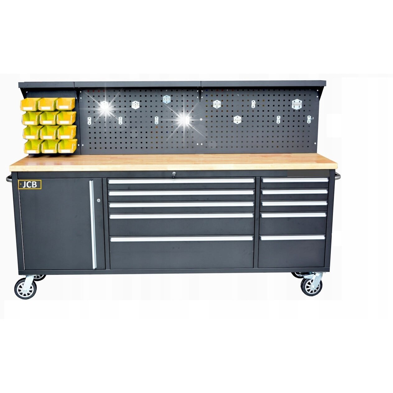 Masa de lucru JCB, 10 sertare, 213x49x3,8cm, cu roti, set cu 12