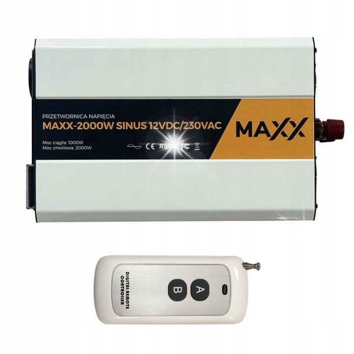 Inverter autóba 4Sun MAXX 2000W, 12VDC-ről 230VAC-ra, méretek 430x215x140mm, IP20 védelem