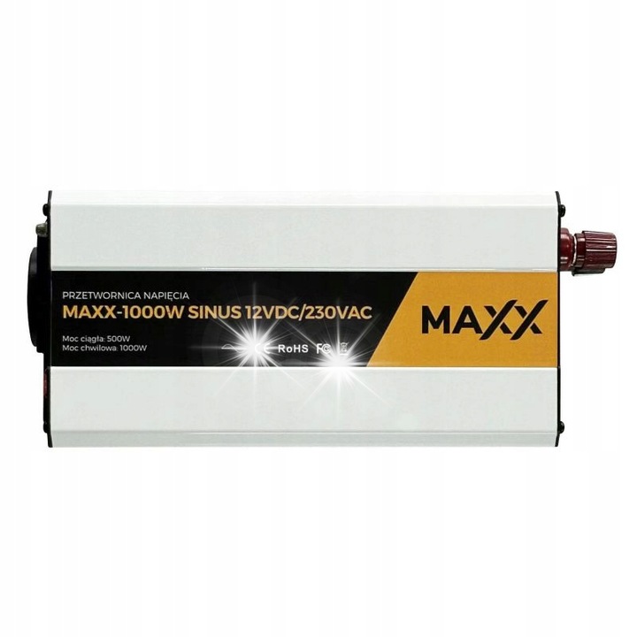 Inverter autóba MAXX 1000W, 12VDC/230VAC, tiszta szinuszos, 500W folyamatos, méretek 285x148x68mm