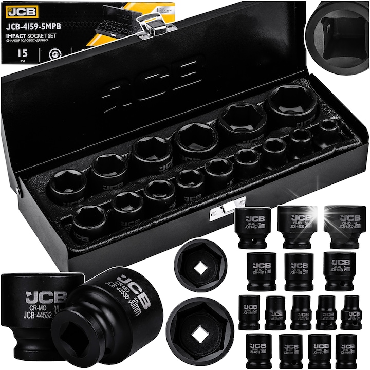 15 darabos 1/2" JCB csőkulcs készlet, 6-lapú, 10-32mm méretek, hordtáska