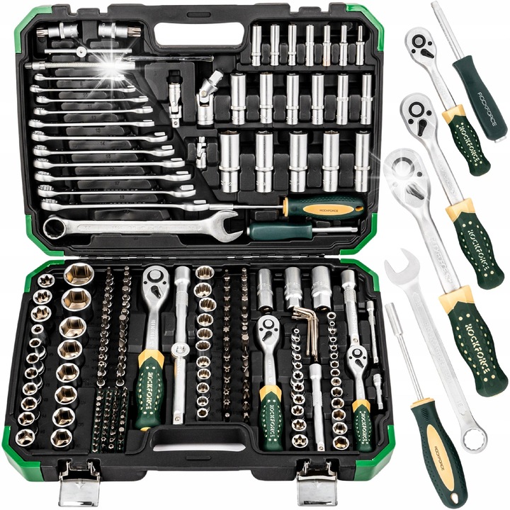Set unelte Rockforce 222 elemente, chei cu clichet 1/4", 3/8", 1/2", cutie solida