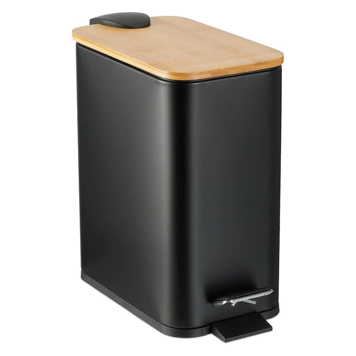 Cos de Gunoi Bucatarie Elindor® cu Pedala, cu Capac din Bambus, Capacitate 5L, Galeata Detasabila, Maner Transport, Multifunctional, Ideal in Bucatarie, Baie, Birou, Camara, Living, Dormitor, Potrivit pentru Colectare Selectiva, Negru