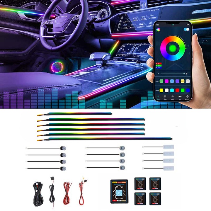 Lumini Ambientale LED, Premium, Kit 18 In 1 RGB, Control Prin Aplicatie, Pentru Usi, Bord, Manere, Podea, 1 Set, 12V