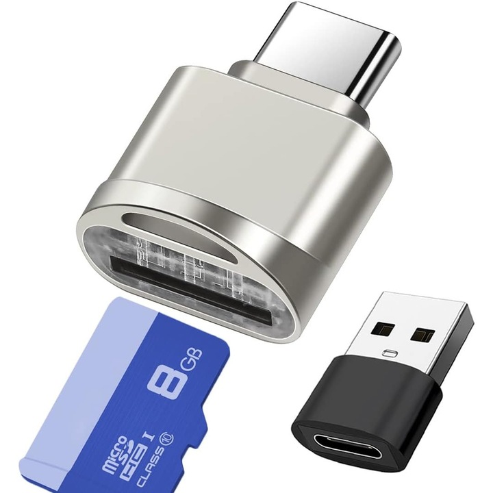 Cititor de carduri Micro SD, Type-C, cu adaptor USB C, compact, portabil, cu indicator albastru