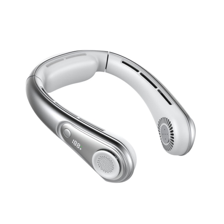 Hordozható ventilátor, 10 W, 4 sebességfokozat, gyors hűtés, 3600 mAh, USB töltés, ergonomikus, kényelmes viselet, ezüst