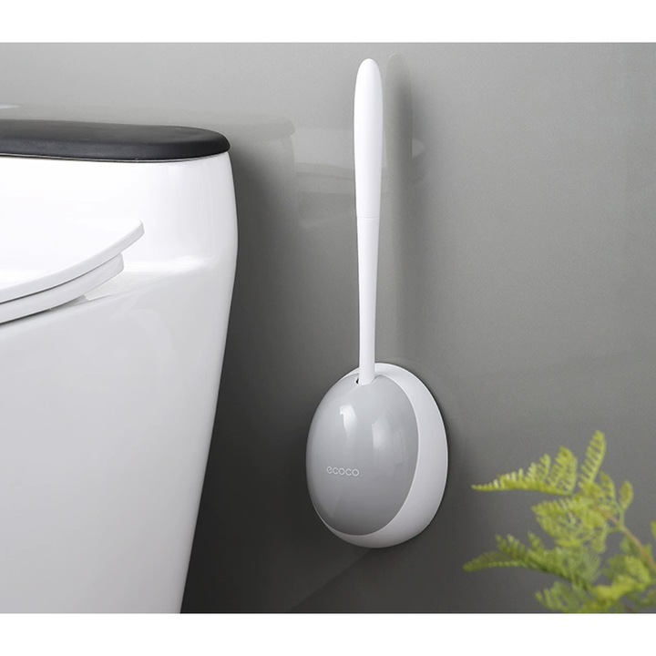 Perie toaleta cu suport igienic Ecoco, design modern, gri, material ABS rezistent, montaj pe podea/colt
