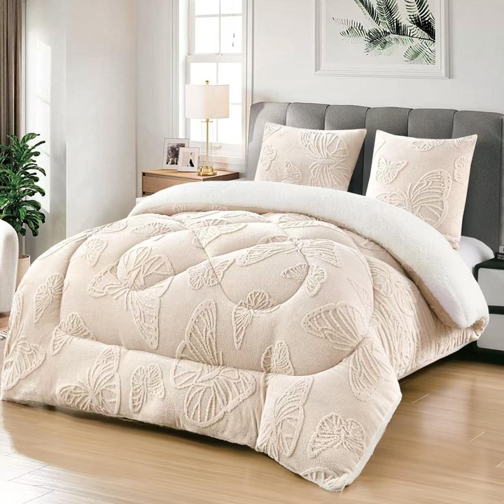 Set 3 Piese Pilota Cocolino Tricotata cu Model de Fluturi in Relief, 200x230 cm, UNI, cu 2 Fete de Perna 62x62 cm, Culoare Alb