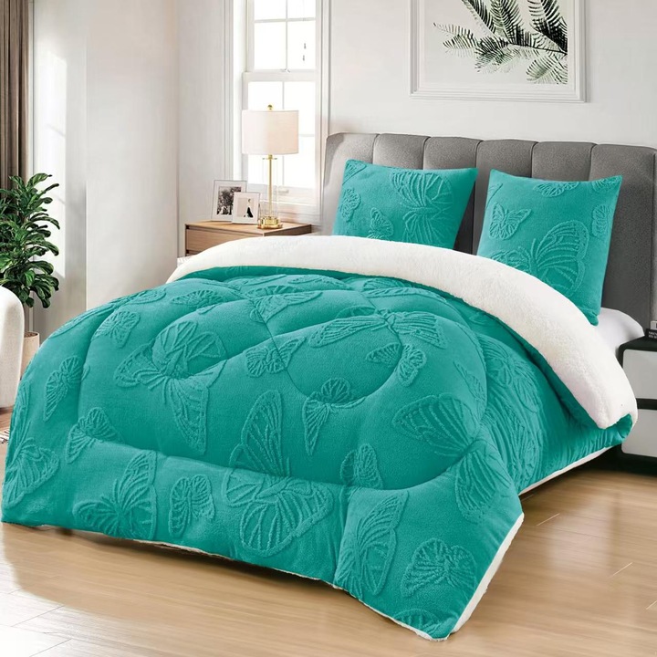 Set 3 Piese Pilota Cocolino Tricotata cu Model de Fluturi in Relief, 200x230 cm, UNI, cu 2 Fete de Perna 62x62 cm, Culoare Turcoaz
