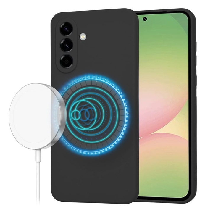 Husa pentru Samsung Galaxy A56 5G, set cu sticker decorativ, silicon catifelat, Negru