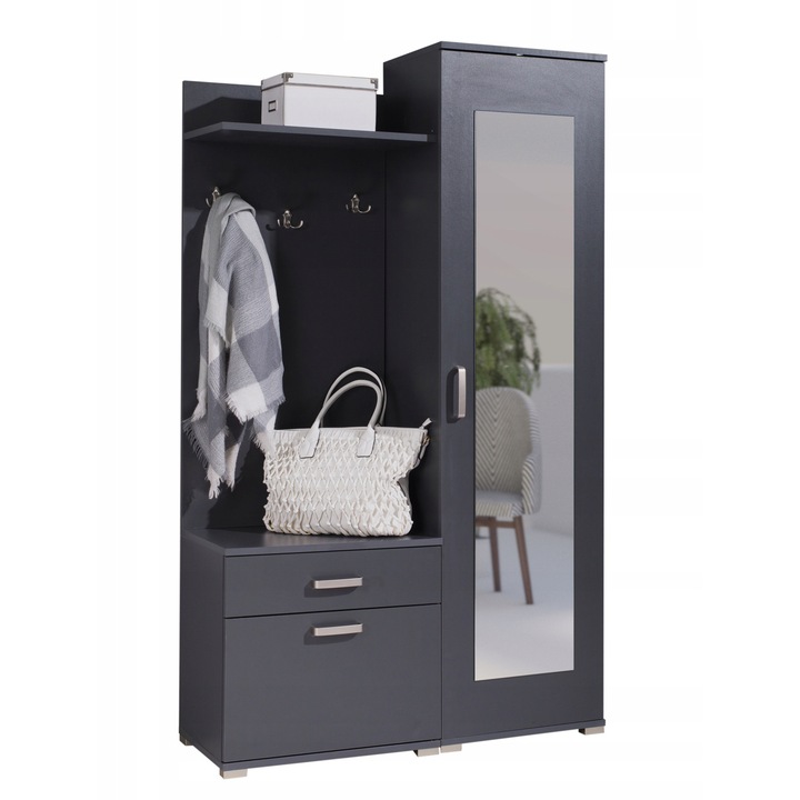 Polc, Gino modell, Családi Bútor, Szekrény, Előszoba, Tükör, Dekoratív és rendszerező, 187x109x40 cm, Grafit