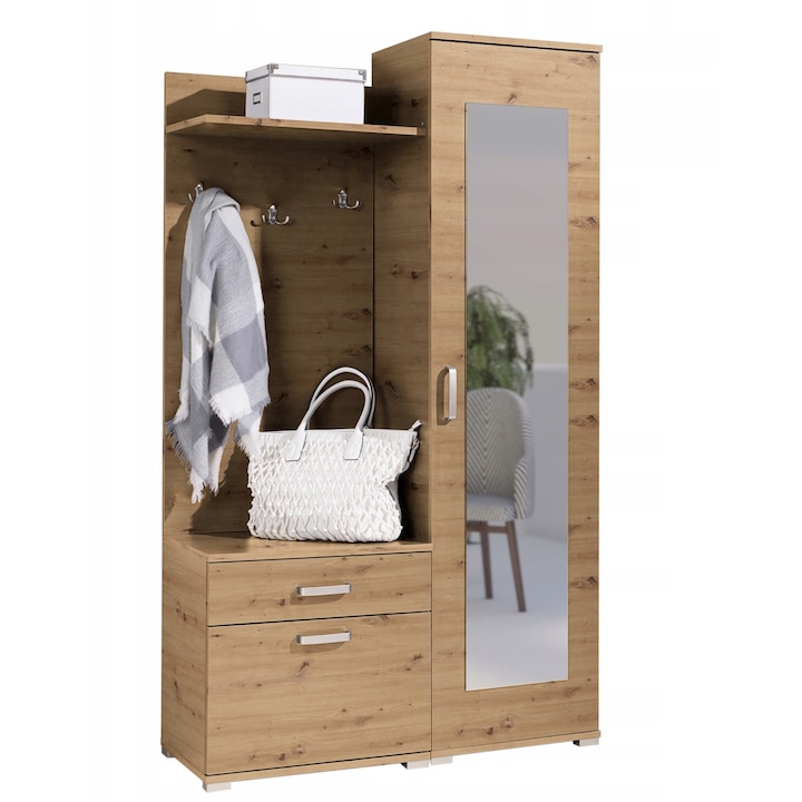 Raft, Modell Gino, Family Meble, Dulap, Catre hol, Oglinda, Decorativ si organizator, 187x109x40 cm, Stejar Artisan