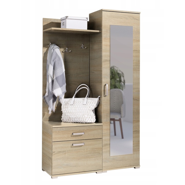 Raft, Modell Gino, Family Meble, Dulap, Catre hol, Oglinda, Decorativ si organizator, 187x109x40 cm, Stejar sonoma