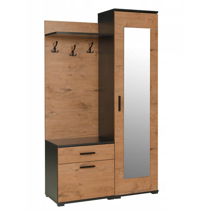 Polc, Gino Modell, Family Meble, Szekrény, Előszobai, Tükör, Dekoratív és rendszerező, 187x109x40 cm, Lancelot tölgy/Fekete