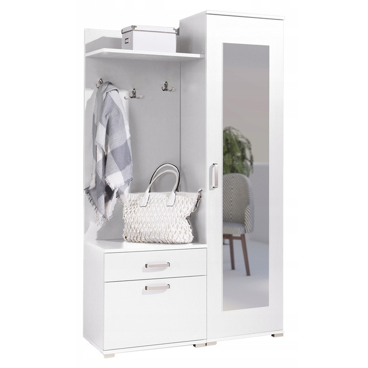 Raft, Modell Gino, Family Meble, Dulap, Catre hol, Oglinda, Decorativ si organizator, 187x109x40 cm, Alb