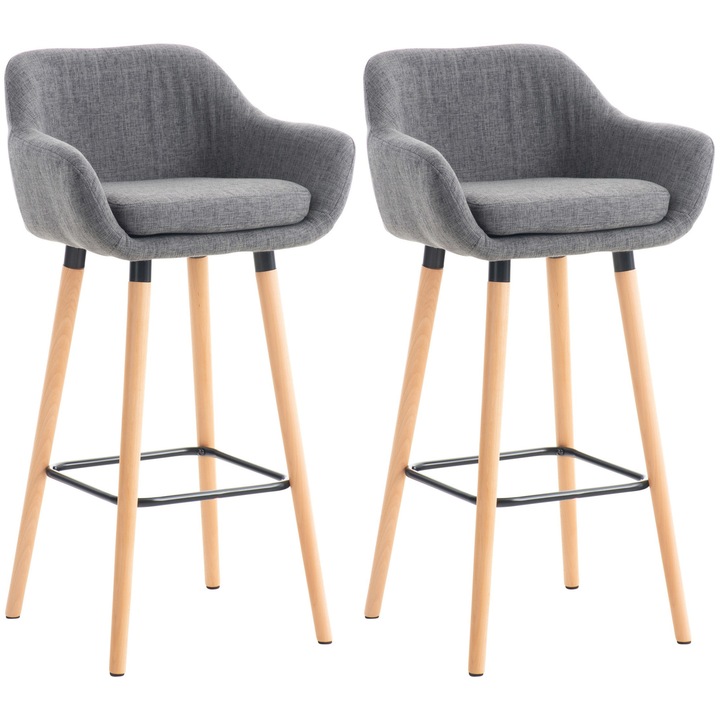 Set de 2 scaune de bar LMN Grant gri deschis, cadru din lemn de fag, husă din material textil