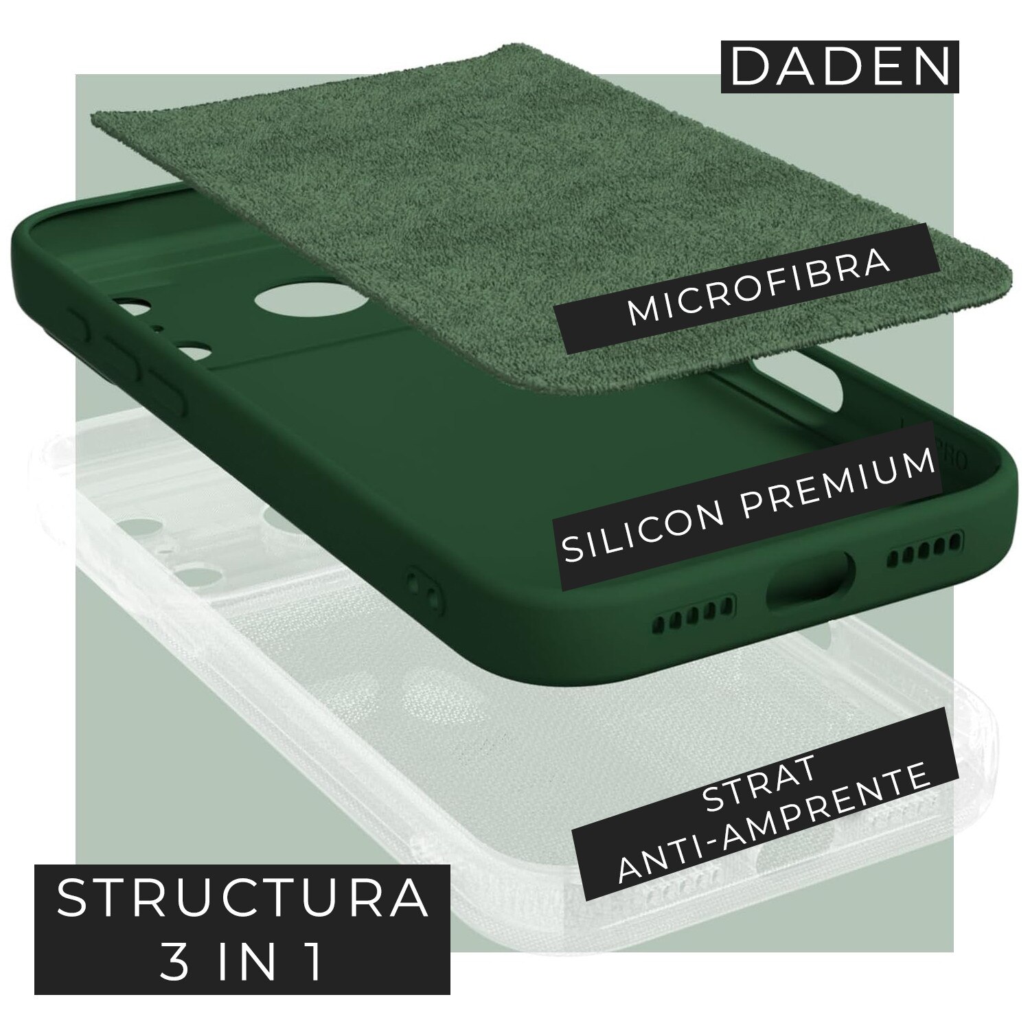 Husa pentru iPhone 17 Pro Max DaDen®, Ultra Slim, Silicon, Calitate Premium, Interior din microfibra, Verde inchis