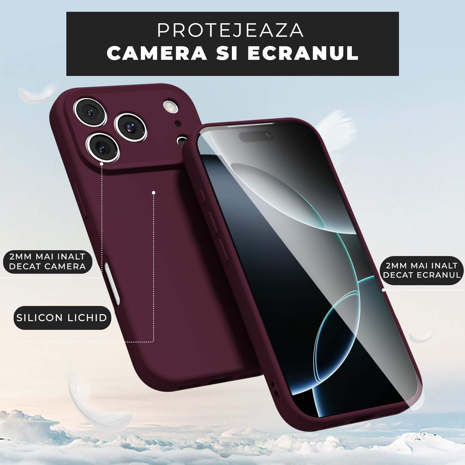 Husa pentru iPhone 17 Pro DaDen®, Ultra Slim, Silicon, Calitate Premium, Interior din microfibra, Visiniu