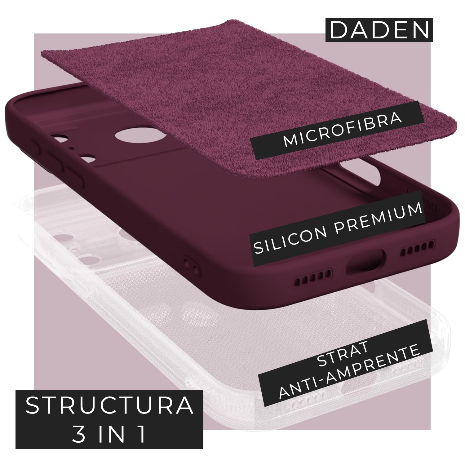 Husa pentru iPhone 17 Pro DaDen®, Ultra Slim, Silicon, Calitate Premium, Interior din microfibra, Visiniu