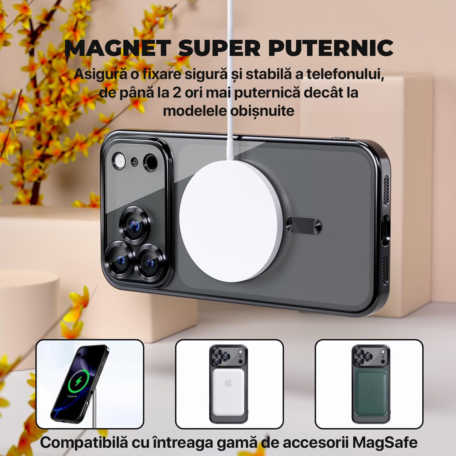 Husa pentru iPhone 17 Pro DaDen MagSafe Luxury, Antisoc, Protectie Camera, Margini Metalizate, Transparenta cu Margini Negre