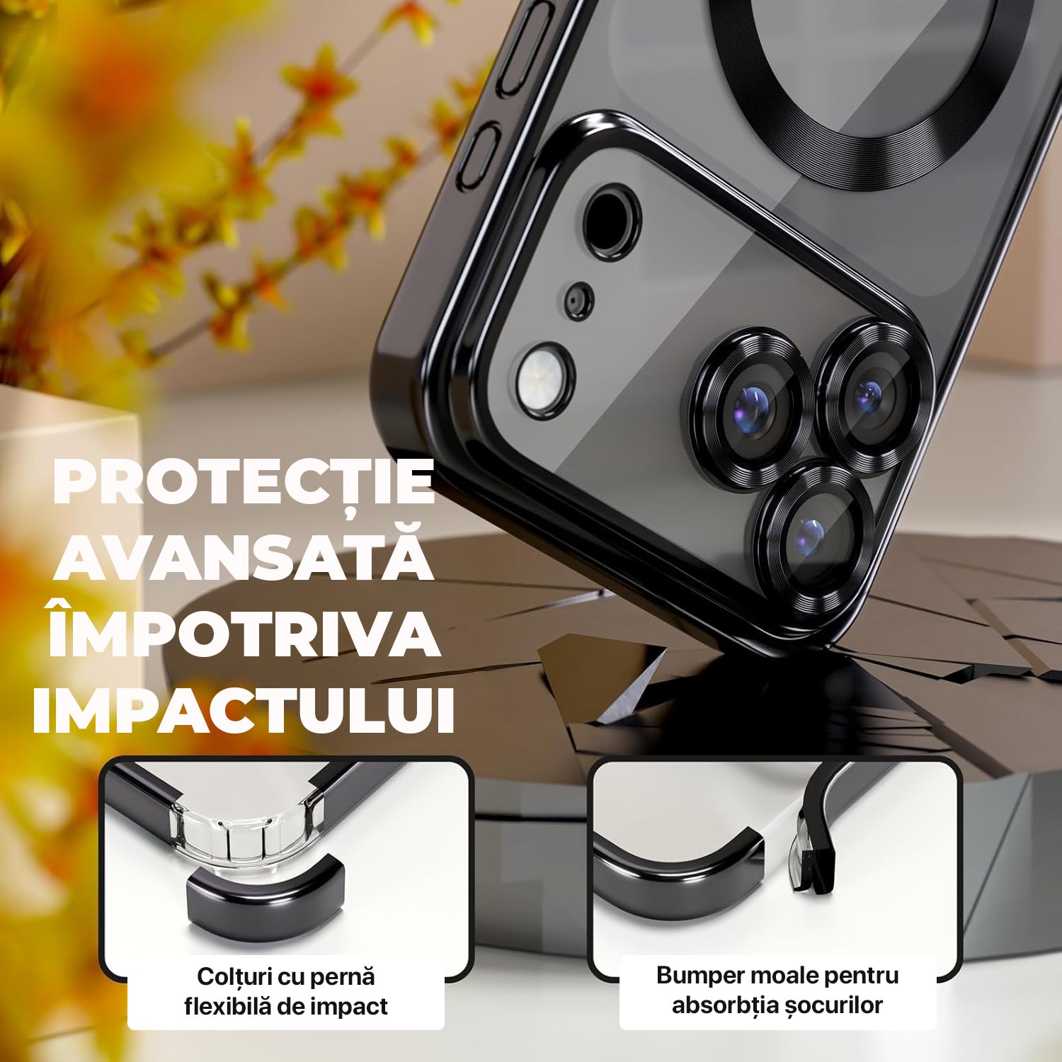 Husa pentru iPhone 17 Pro DaDen MagSafe Luxury, Antisoc, Protectie Camera, Margini Metalizate, Transparenta cu Margini Negre