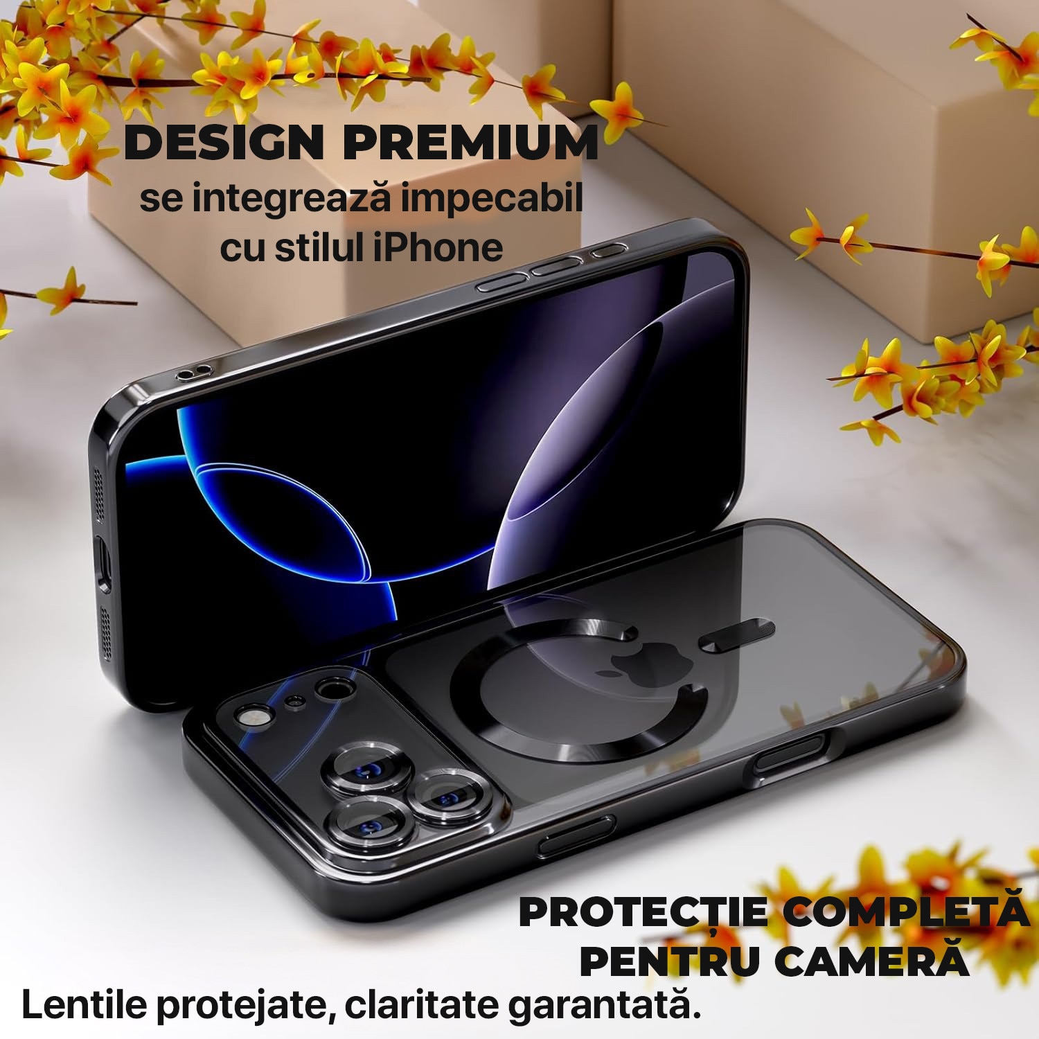 Husa pentru iPhone 17 Pro DaDen MagSafe Luxury, Antisoc, Protectie Camera, Margini Metalizate, Transparenta cu Margini Negre