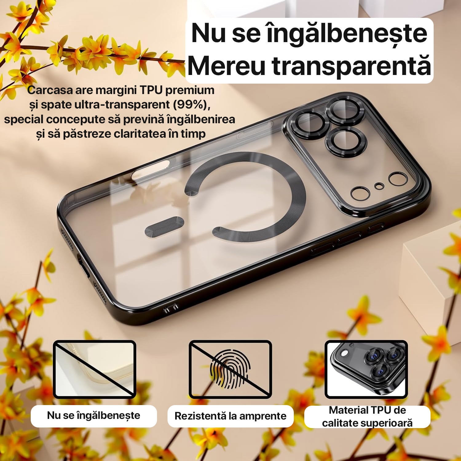 Husa pentru iPhone 17 Pro DaDen MagSafe Luxury, Antisoc, Protectie Camera, Margini Metalizate, Transparenta cu Margini Negre