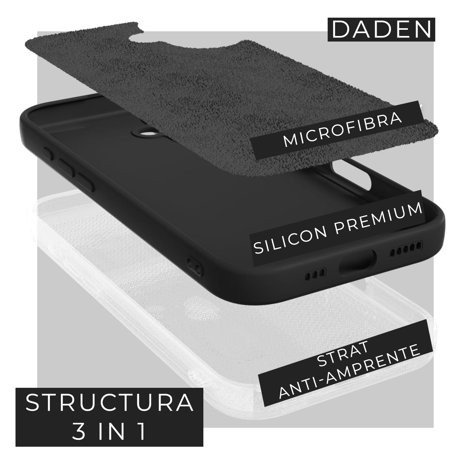 Husa pentru iPhone 17 DaDen®, Ultra Slim, Silicon, Calitate Premium, Interior din microfibra, Negru