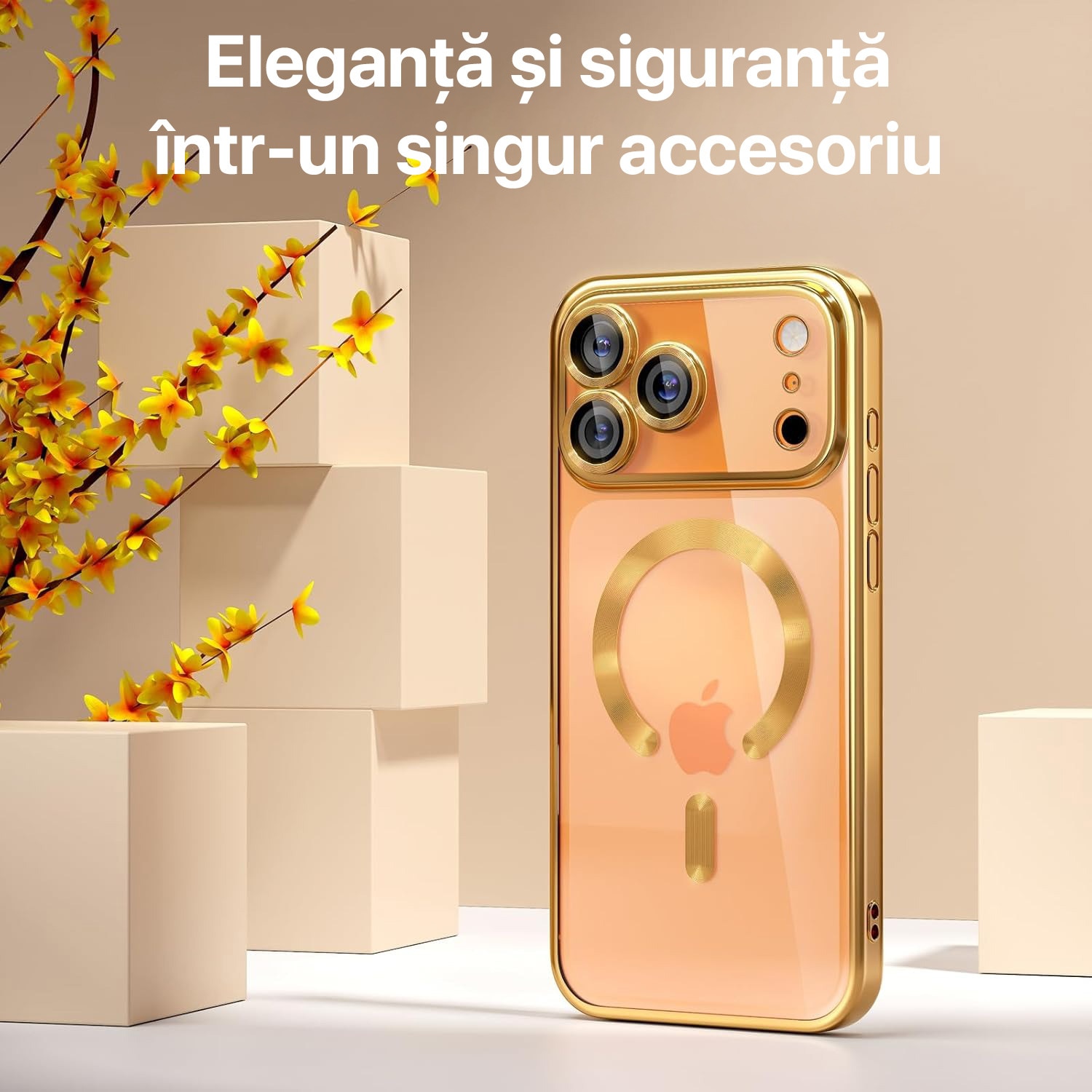 Husa pentru iPhone 17 Pro DaDen MagSafe Luxury, Antisoc, Protectie Camera, Margini Metalizate, Transparenta cu Margini Aurii / Gold