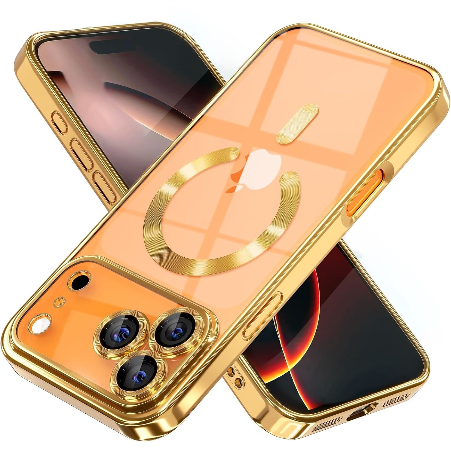 Husa pentru iPhone 17 Pro DaDen MagSafe Luxury, Antisoc, Protectie Camera, Margini Metalizate, Transparenta cu Margini Aurii / Gold