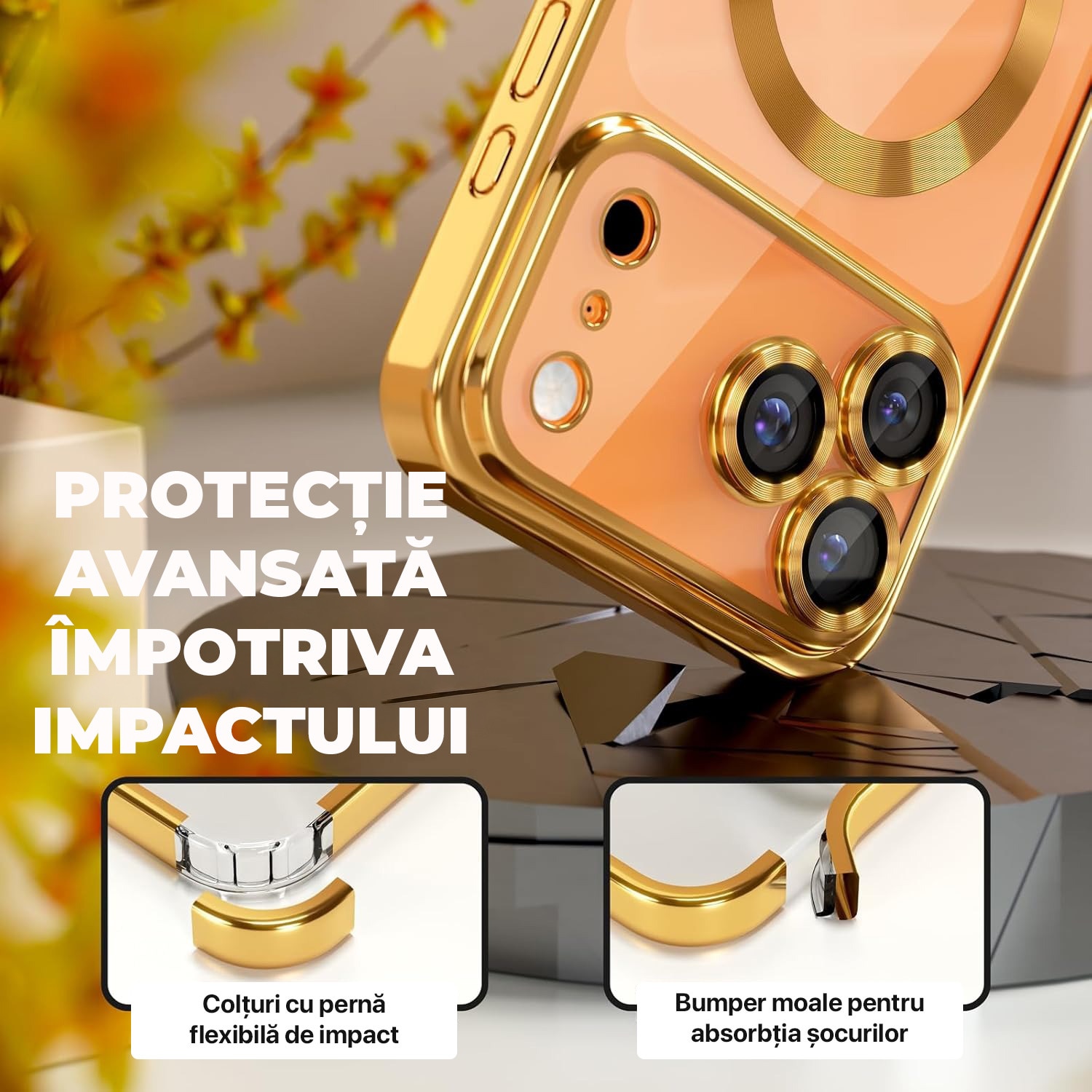 Husa pentru iPhone 17 Pro DaDen MagSafe Luxury, Antisoc, Protectie Camera, Margini Metalizate, Transparenta cu Margini Aurii / Gold