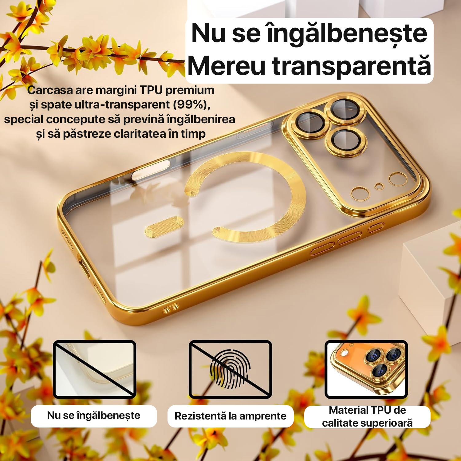 Husa pentru iPhone 17 Pro DaDen MagSafe Luxury, Antisoc, Protectie Camera, Margini Metalizate, Transparenta cu Margini Aurii / Gold
