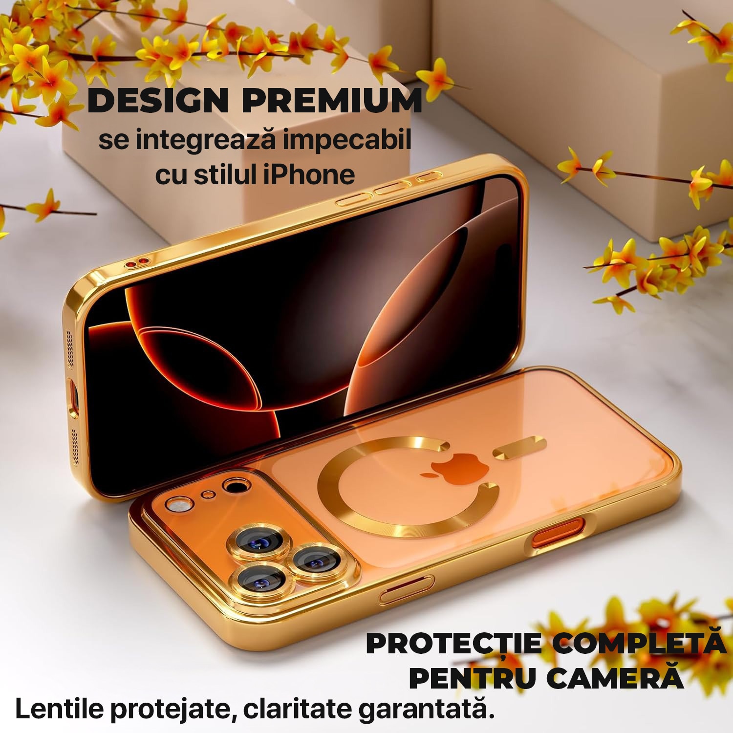 Husa pentru iPhone 17 Pro DaDen MagSafe Luxury, Antisoc, Protectie Camera, Margini Metalizate, Transparenta cu Margini Aurii / Gold