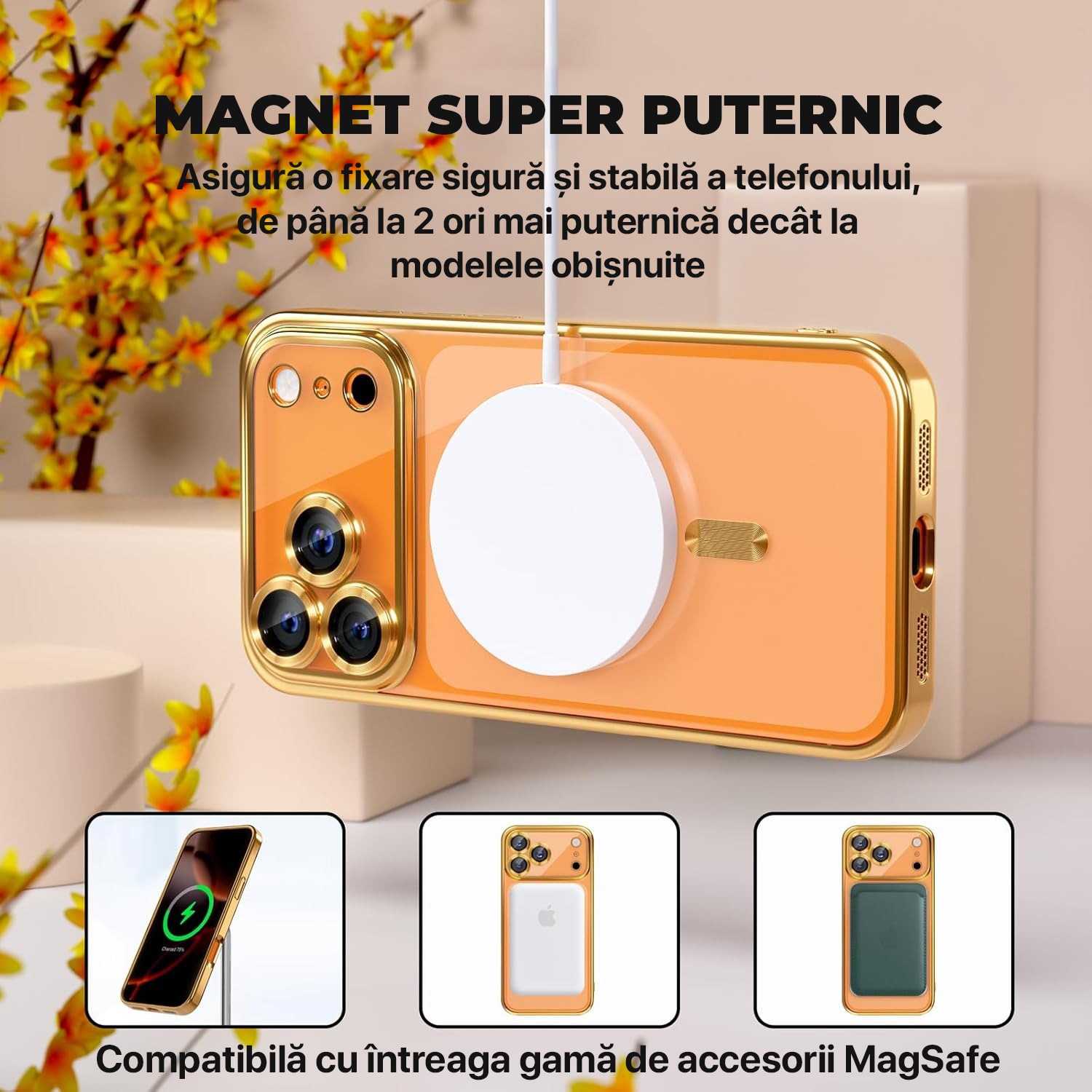 Husa pentru iPhone 17 Pro DaDen MagSafe Luxury, Antisoc, Protectie Camera, Margini Metalizate, Transparenta cu Margini Aurii / Gold
