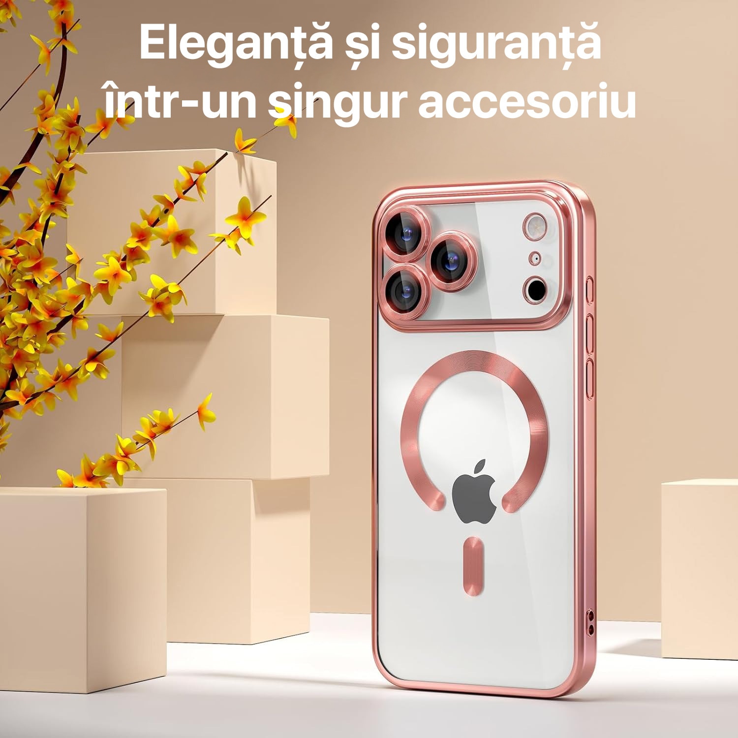 Husa pentru iPhone 17 Pro Max DaDen MagSafe Luxury, Antisoc, Protectie Camera, Margini Metalizate, Transparenta cu Margini Rose Gold
