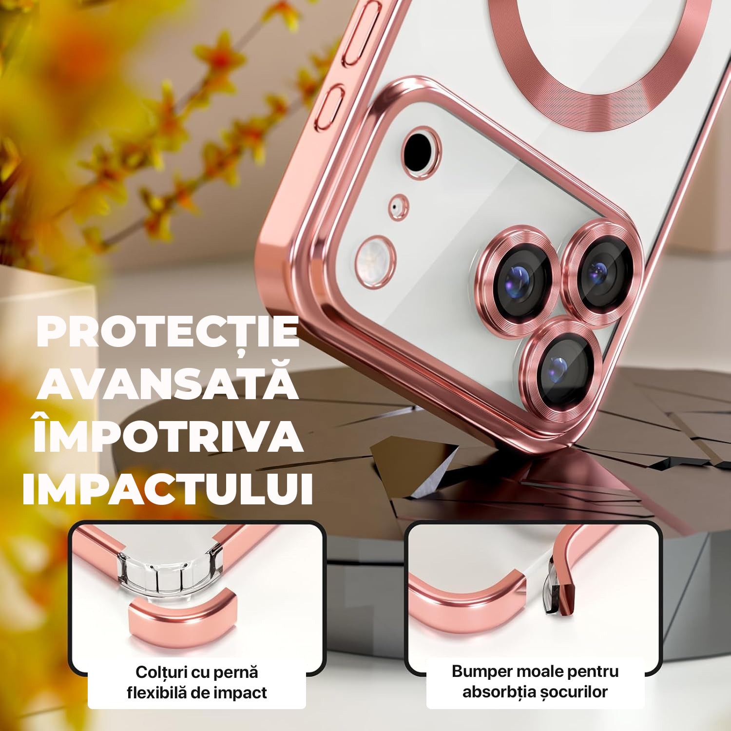 Husa pentru iPhone 17 Pro Max DaDen MagSafe Luxury, Antisoc, Protectie Camera, Margini Metalizate, Transparenta cu Margini Rose Gold