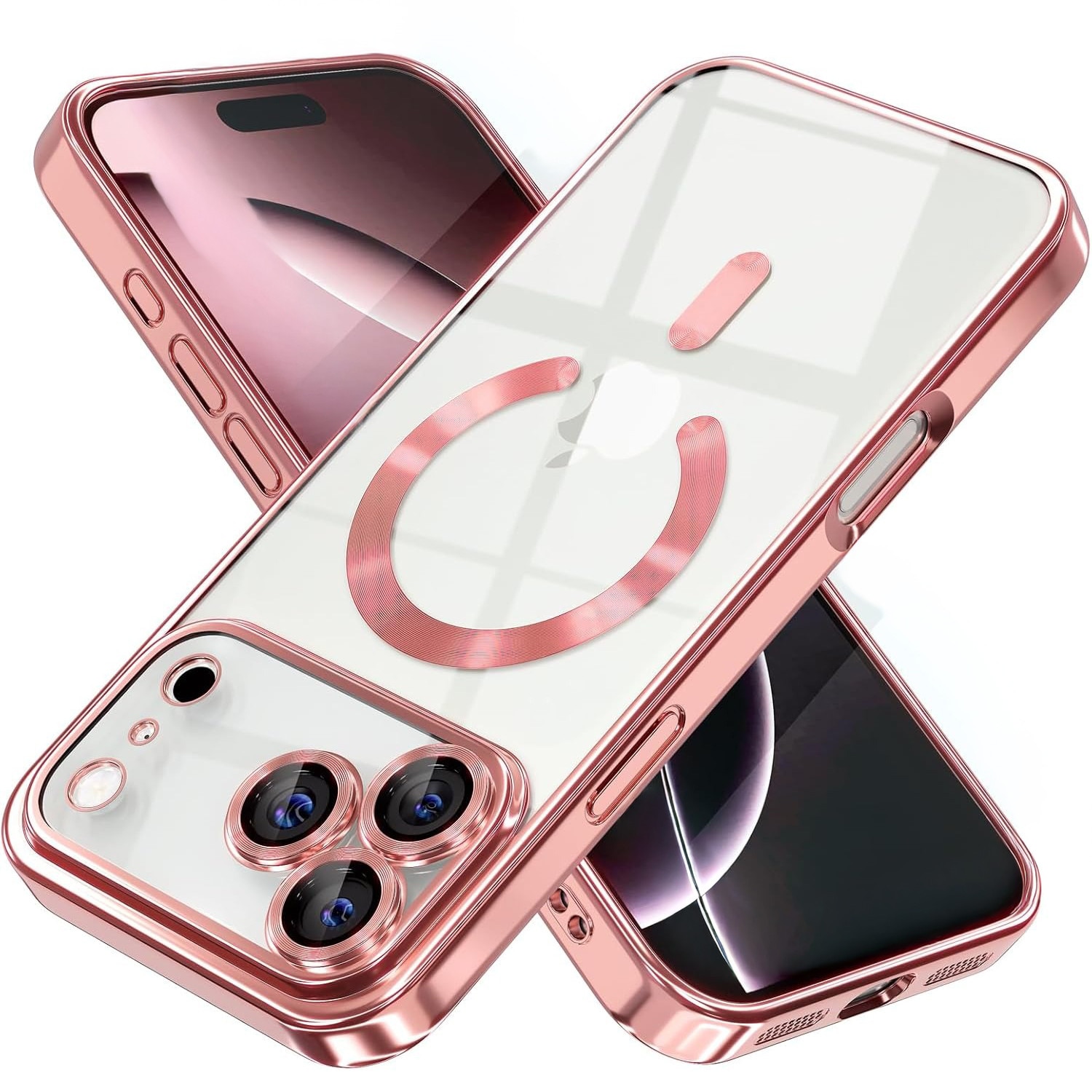 Husa pentru iPhone 17 Pro Max DaDen MagSafe Luxury, Antisoc, Protectie Camera, Margini Metalizate, Transparenta cu Margini Rose Gold