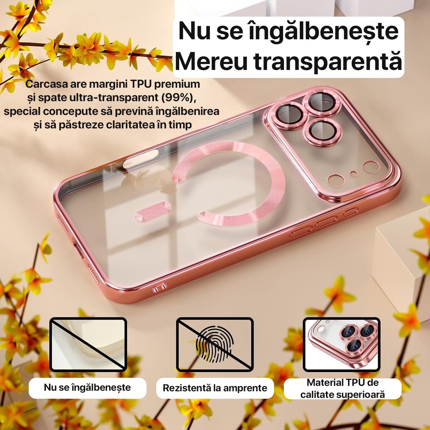 Husa pentru iPhone 17 Pro Max DaDen MagSafe Luxury, Antisoc, Protectie Camera, Margini Metalizate, Transparenta cu Margini Rose Gold
