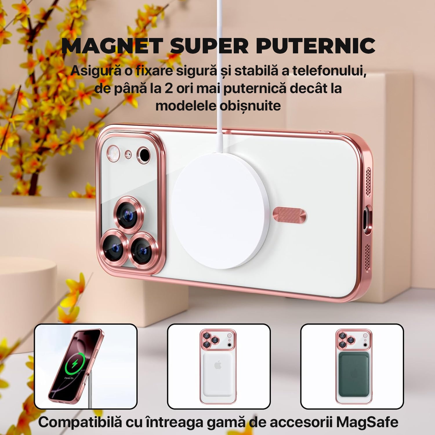 Husa pentru iPhone 17 Pro Max DaDen MagSafe Luxury, Antisoc, Protectie Camera, Margini Metalizate, Transparenta cu Margini Rose Gold